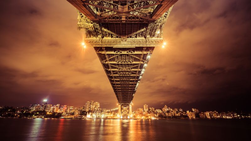 Sydney Harbour Bridge, Australia, Cityscape, River, Reflection, Nightscape, Sky view, Orange, Bright, City lights, 5K, 8K, Wallpaper