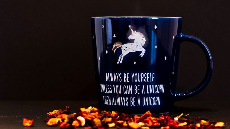 Coffee cup blue unicorn dark background always be yourself 