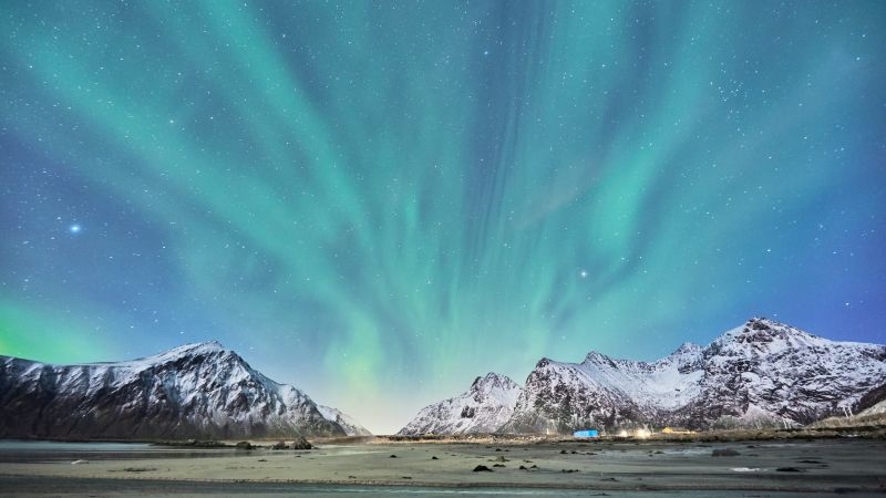 Aurora Borealis, Snow mountains, Glacier, Landscape, Blue Sky, Lofoten islands, Norway, Stars, 5K, Wallpaper