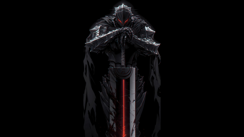 Guts, Black Swordsman, AMOLED, Berserker Armor, 5K, Black background, Dragon Slayer, Wallpaper