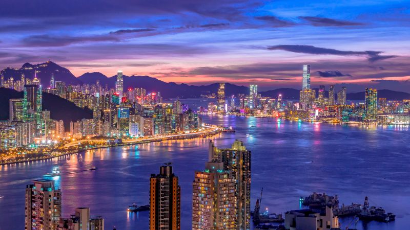 City Skyline, Night life, Cityscape, Hong Kong, Skyscrapers, Purple sky, River, Sunset, Night lights, 5K, Wallpaper