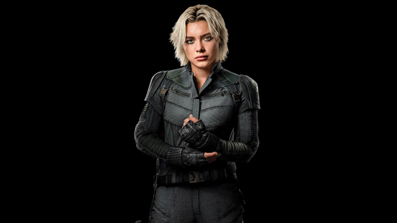 Florence Pugh, Black Widow, Thunderbolts, 2025 Movies, Marvel Comics, Black background, 5K