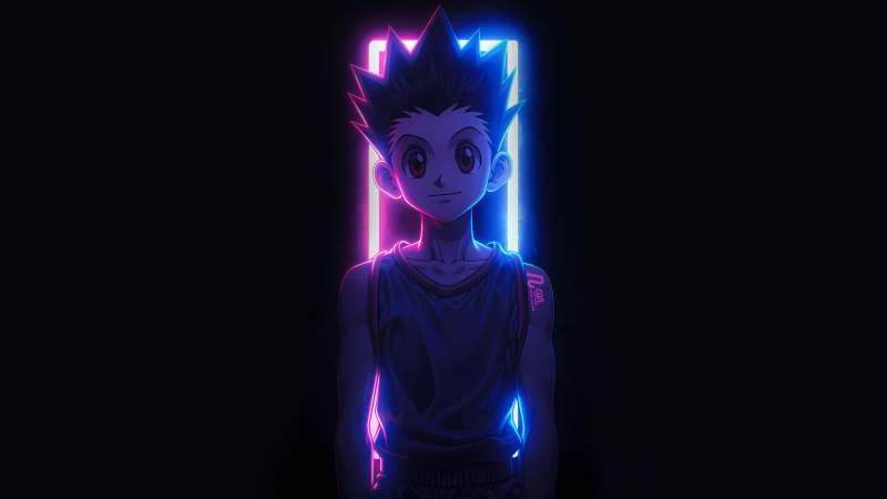 Gon Freecss, Neon art, Hunter x Hunter, Neon glow, Neon background, Dark background, 5K, Dark aesthetic