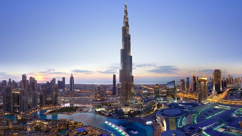 Burj Khalifa, Panorama, Dubai, Cityscape, Skyscrapers, Dusk, Clearsky, Sunset, Aerial view, City lights, Modern architecture, Wallpaper