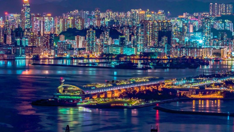 Hong Kong City, Aesthetic, Cityscape, Nightlife, Skyscrapers, Waterfront, Reflections, River, Night time, 5K, Wallpaper