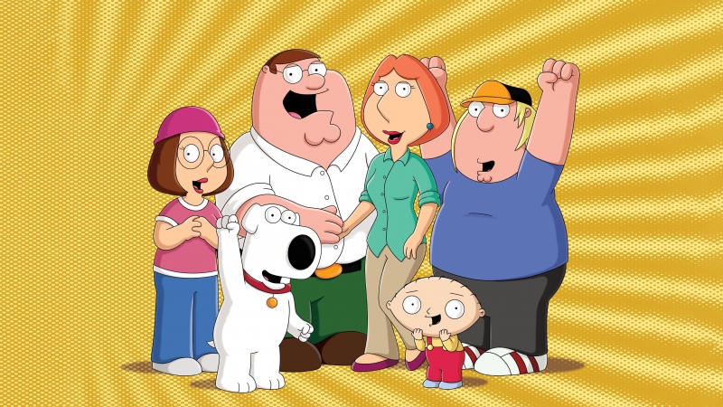 Family Guy, Character poster, Peter Griffin, Lois Griffin, Stewie Griffin, Brian Griffin, Meg Griffin, Chris Griffin, Cartoon, Yellow background, 5K