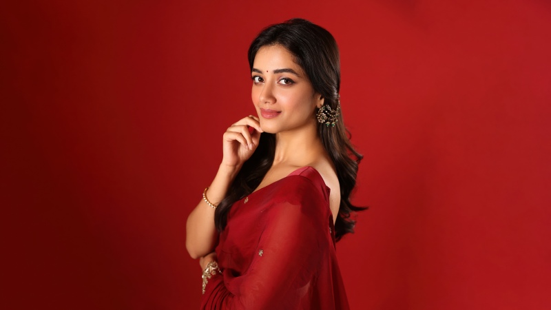 Bhagyashri Borse, Saree, Red background, Indian actress, 5K, Wallpaper