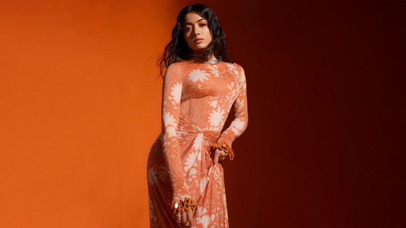 Rashmika Mandanna, Orange aesthetic, Indian actress, Orange background
