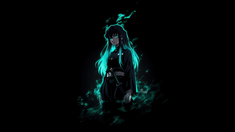 Muichiro Tokito, Neon glow, Dark aesthetic, 5K, Black background, Demon Slayer: Kimetsu no Yaiba