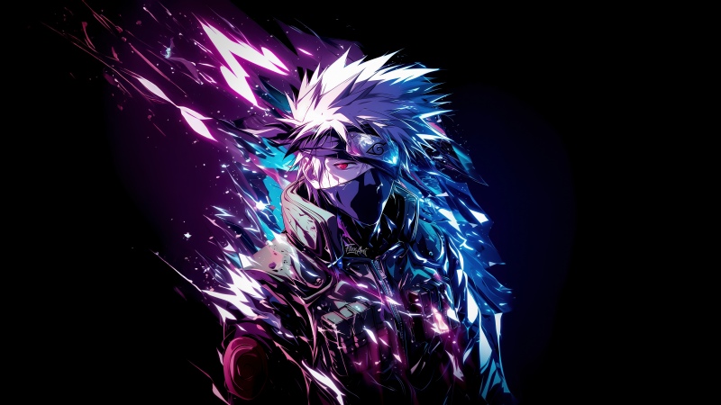 Kakashi Hatake, Vibrant, AI art, Naruto, Neon glow, 5K, Black background, AMOLED, Sharingan eye