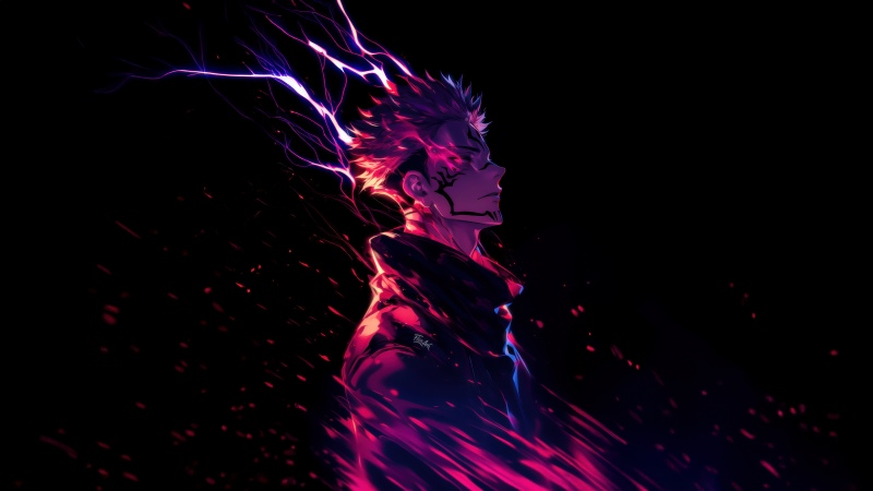 Sukuna, Electric, Jujutsu Kaisen, Neon pink, AMOLED, Black background, Neon glow