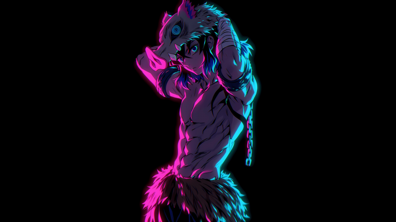Inosuke Hashibira, Neon glow, AMOLED, Black background, 5K, Neon pink, Demon Slayer: Kimetsu no Yaiba
