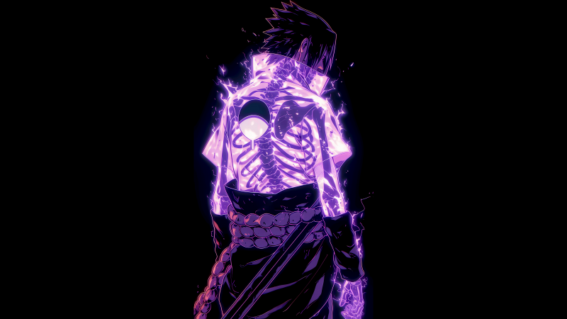 Sasuke Uchiha, Neon glow, Black background, AMOLED, Naruto, Neon purple, 5K