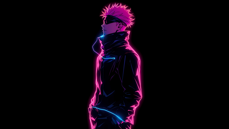Satoru Gojo, Neon pink, AMOLED, Black background, 5K, Neon glow, Jujutsu Kaisen, Pink aesthetic