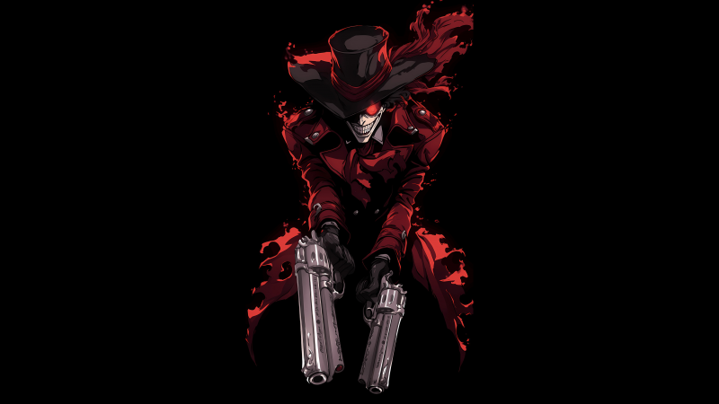 Alucard, Guns, Hellsing, Vampire, Black background, AMOLED, 5K
