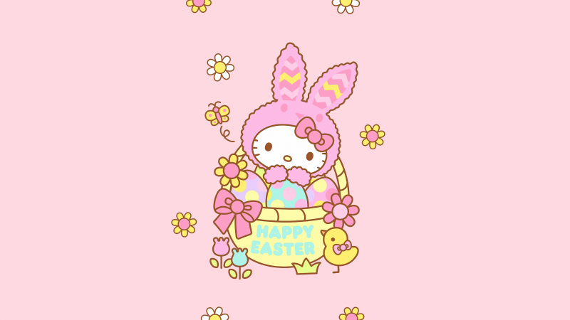 Hello Kitty, Easter bunny, Happy Easter, Pink background, 5K