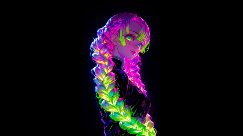 Mitsuri Kanroji, Neon art, Demon Slayer: Kimetsu no Yaiba, Black background, AMOLED