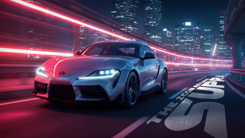 Toyota Supra GT, Neon, Neon Lights, 5K, City night, Long exposure