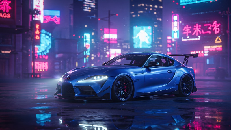 Toyota GR Supra, City street, Neon Lights, 5K, Reflections