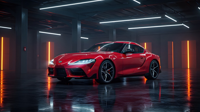 Toyota GR Supra, Red aesthetic, Neon Lights, 5K, Reflections