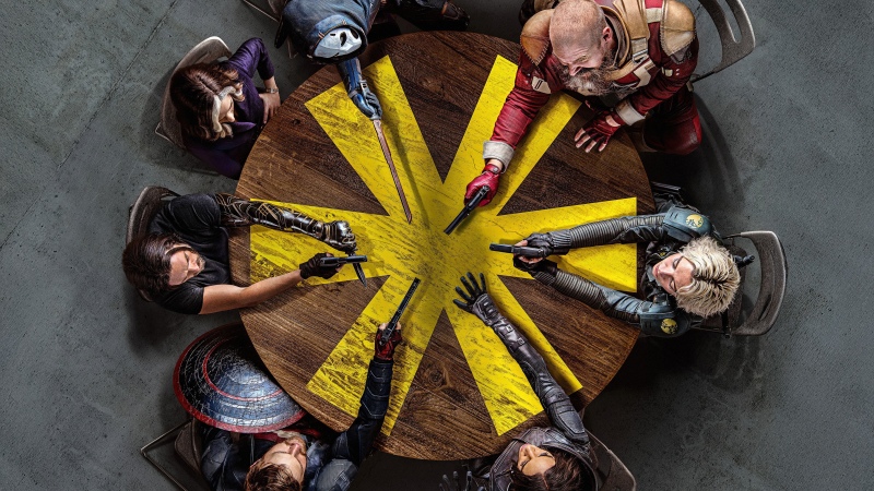 Thunderbolts, Round table, Movie poster, 5K, Marvel Cinematic Universe, 2025 Movies, Black Widow, Bucky Barnes, Taskmaster, Red Guardian, Marvel Superheroes, Yelena Belova, U.S. Agent, Ava Starr (Ghost)