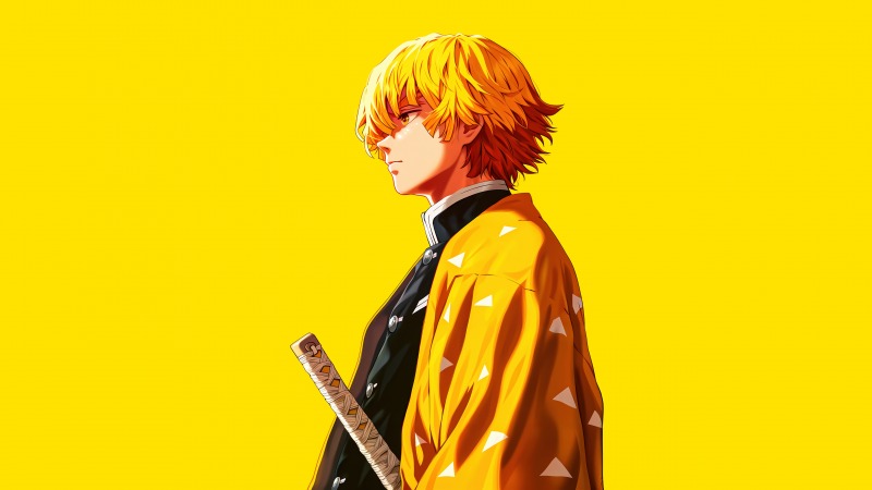 Zenitsu Agatsuma, Yellow aesthetic, 5K, Demon Slayer: Kimetsu no Yaiba, Yellow background, Katana, Wallpaper
