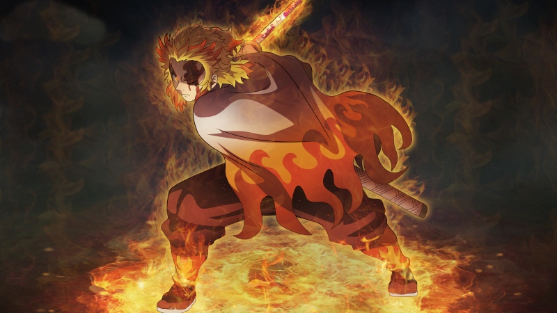 Demon Slayer: Mugen Train, Kyojuro Rengoku, Flame Hashira, Fire effect, Flames, 2025 Movies, Anime movie, Demon Slayer: Kimetsu no Yaiba, 5K, 8K, Wallpaper