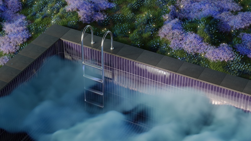 Misty, Swimming Pool, Outdoor, 5K, Green Grass, Smoke, Garden, Purple Flowers, Surrealism, Night