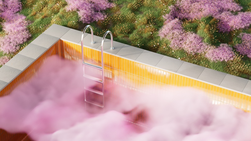 Surreal, Aesthetic pool, Purple Flowers, Outdoor, Pink aesthetic, 5K, Green Grass, Smoke