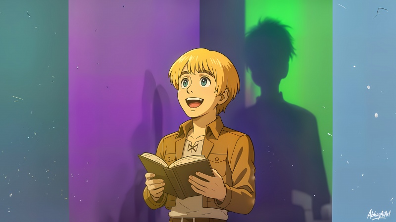 Armin Arlert, 8K, Minimalist, Attack on Titan, Reading book, Smiling, 5K, Colorful background, Wallpaper