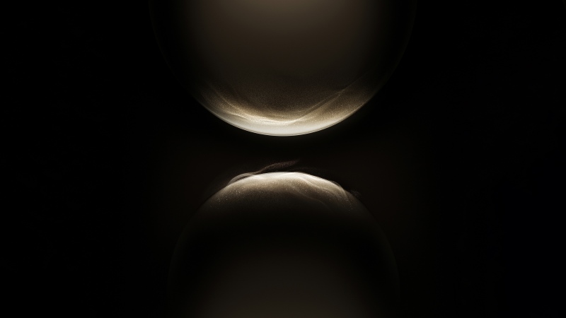 Golden, Glowing particles, Spheres, Shimmering, Flow, 5K, Dark background, Wallpaper