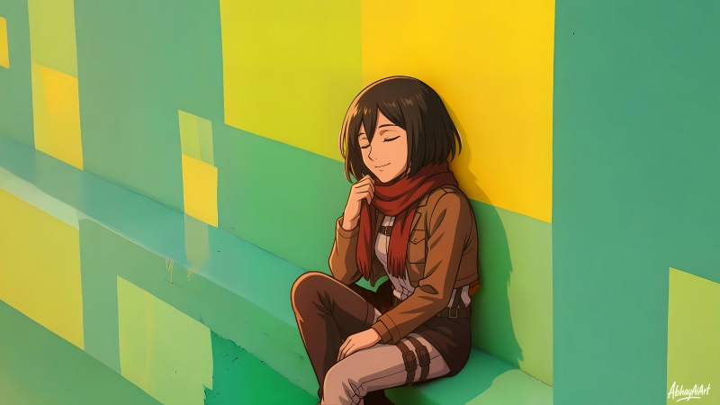 Mikasa Ackerman, 8K, Attack on Titan, Anime girl, Red scarf, Peaceful, Geometric, Yellow and green, Wallpaper