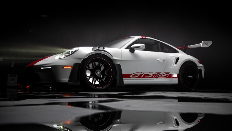 Porsche 911 GT3 RS PECTO, Dark aesthetic, Dark background, Sports cars, White cars, Reflection, Porsche 911 GT3 RS, Wallpaper