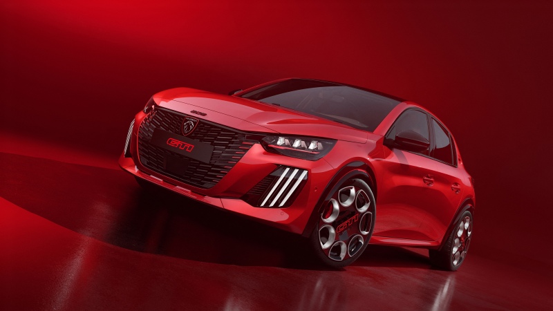 Peugeot E-208 GTi, 2025, Red cars, Red background