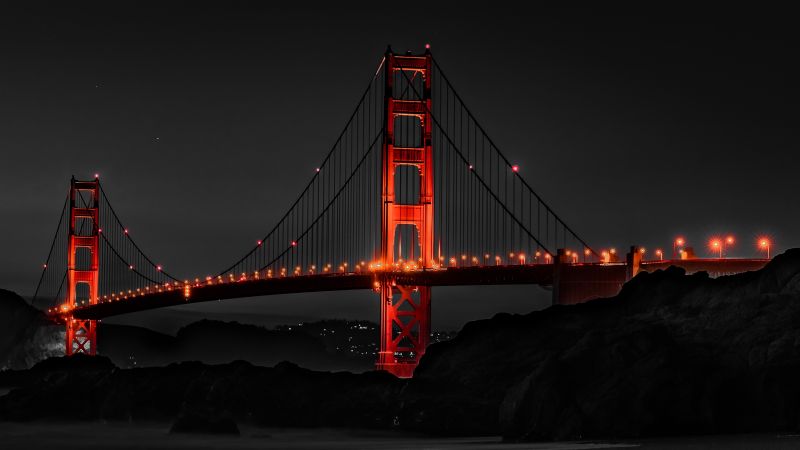 Golden Gate Bridge, Night, Monochrome, Dark background, Illuminated, San Francisco, Dark aesthetic, Black and White, Wallpaper