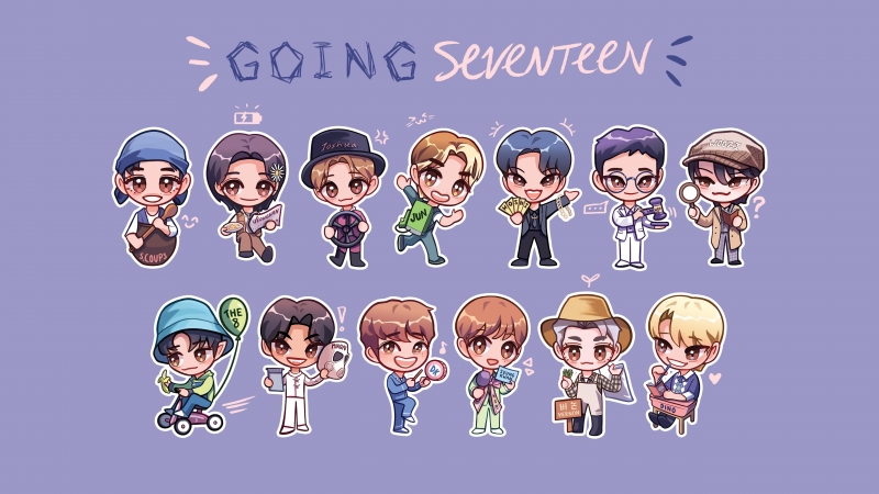 SEVENTEEN, Chibi, 5K, K-pop group, Blue background, Fan Art