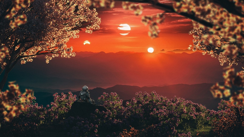 Astronaut, Sunset, Exoplanet, Cherry Blossom Trees, Mountains, Digital art, Relaxing, Dreamlike, Wallpaper