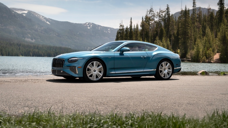 Bentley Continental GT Azure, Hybrid cars, Blue car, Mountain lake, 5K, 8K