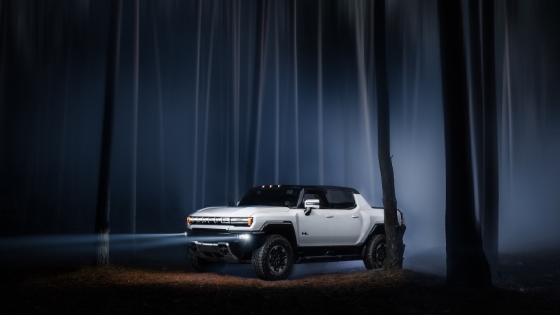 GMC Hummer EV, Night time, Pickup truck, Electric SUV, Forest, Night, Fog, Headlights, 5K, Wallpaper