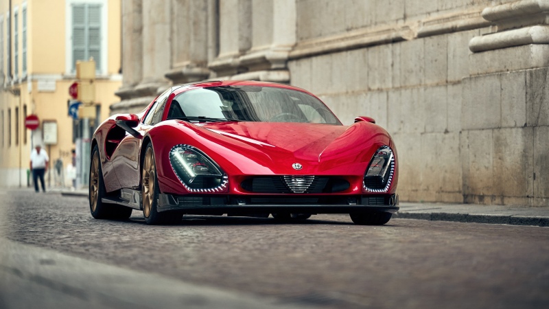 Alfa Romeo 33 Stradale, Supercar, Red cars, Cobblestone street, 5K