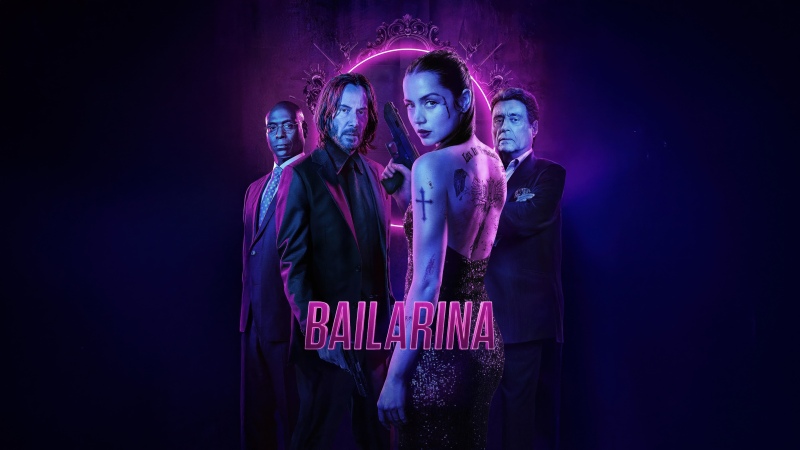 Ballerina, John Wick, Keanu Reeves, Ana de Armas, Movie poster, Action movies, Neon light, Neon purple, Tattoo, 5K, Dark background, Keanu Reeves as John Wick, Wallpaper