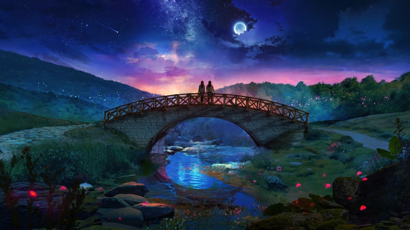 Couple, Fantasy landscape, Night sky, Milky Way, Bridge, River, Glowing elements, Wallpaper