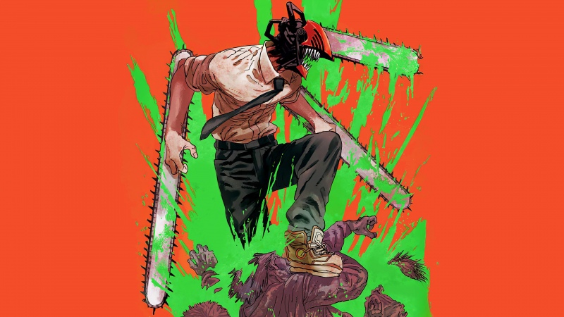 Denji, Badass, Chainsaw Man, Orange background, 5K, Wallpaper