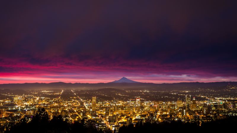 Cityscape, Sunrise, Portland, Panorama, City lights, Wallpaper