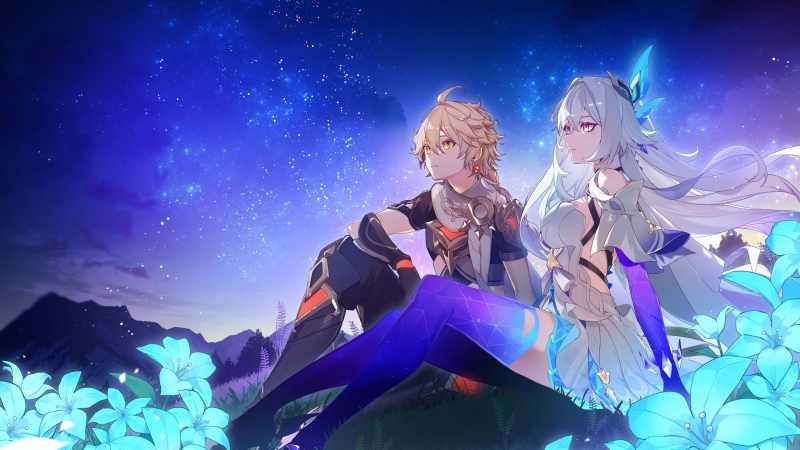 Aether, Skirk, Genshin Impact, Starry sky, Anime couple, Wallpaper