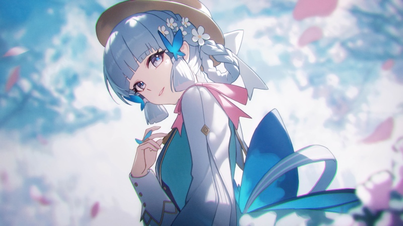 Kamisato Ayaka, 5K, Genshin Impact, Blue hair, Smiling girl, Hat, Wallpaper