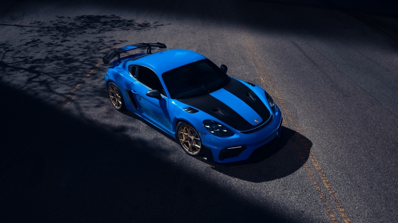 Porsche 718 Cayman GT4 RS, 8K, Blue car, Sports cars, Racing stripes, 5K, Wallpaper