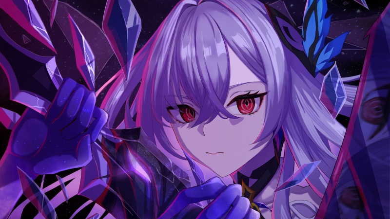 Skirk, Genshin Impact, Anime warrior, Purple hair, Red eyes, Crystals, Dark background, Illustration