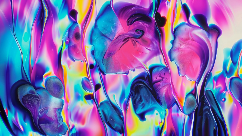 Fluid art, Neon colors, Swirls, Iridescence, 5K, Colorful abstract