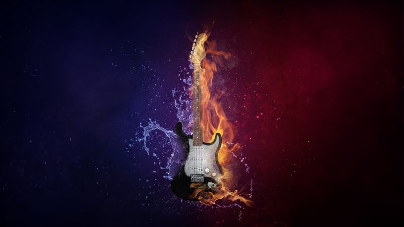 Electric Guitar, Instrument, Dark background, Fire, Water, Purple, Violet, 5K, Wallpaper